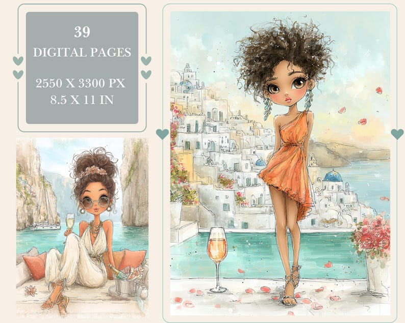 Puede incluir: Impresi&oacute;n digital con dos ilustraciones de mujeres en lugares pintorescos. Una lleva un vestido naranja, la otra un mono blanco. La imagen incluye el texto: "39 P&aacute;ginas Digitales, 2550 x 3300 px, 21,6 x 27,9 cm."