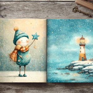 May include: An open book displaying two illustrations. The left page shows a round, teal-colored character wearing a matching hat and orange scarf, holding a blue star. The right page depicts a lighthouse on a snowy, rocky coast during a snowfall.