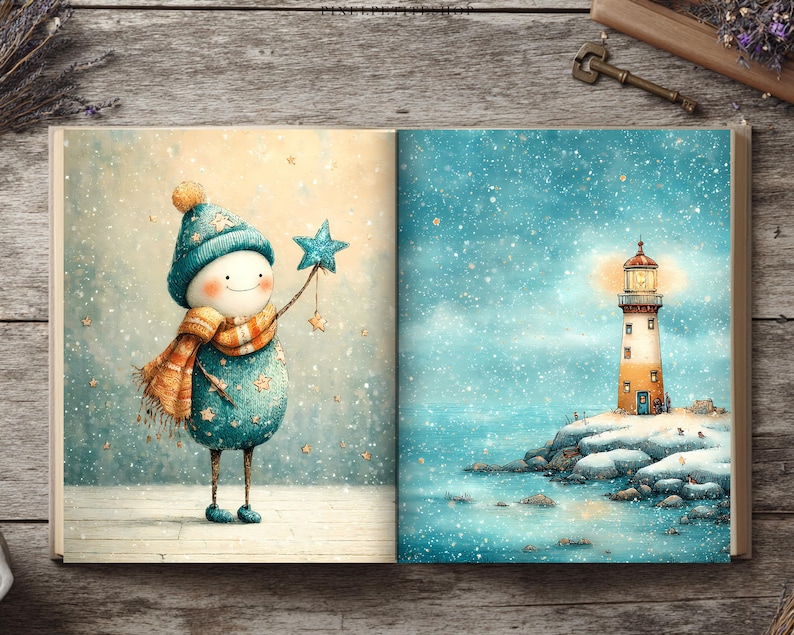 May include: An open book displaying two illustrations. The left page shows a round, teal-colored character wearing a matching hat and orange scarf, holding a blue star. The right page depicts a lighthouse on a snowy, rocky coast during a snowfall.