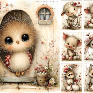 May include: Watercolor illustrations of adorable animals, including an owl, lamb, pig, bunny, chipmunk, and fox. The owl is in a wooden opening, and the other animals are in a floral setting. The artwork has a soft, pastel color palette.