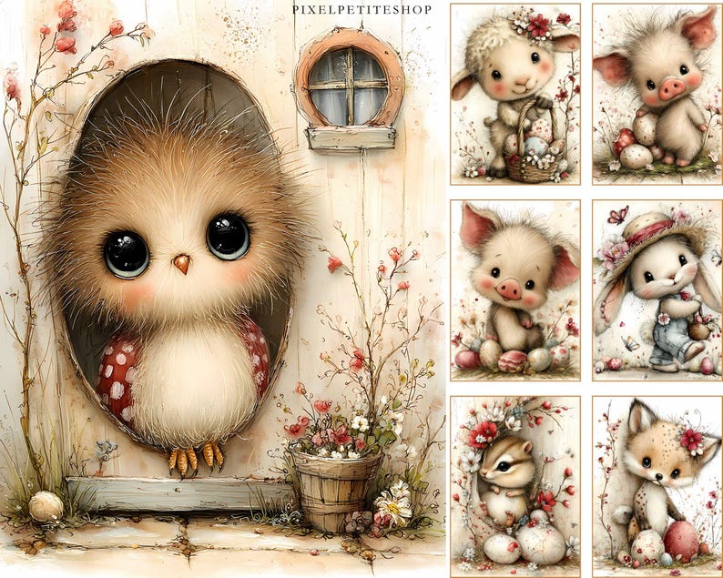 May include: Watercolor illustrations of adorable animals, including an owl, lamb, pig, bunny, chipmunk, and fox. The owl is in a wooden opening, and the other animals are in a floral setting. The artwork has a soft, pastel color palette.