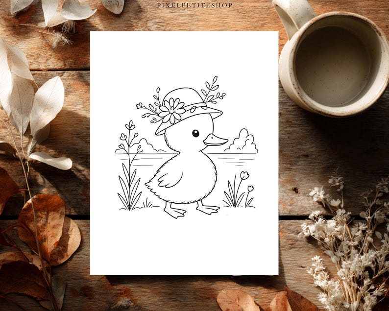 May include: A black and white line art illustration on a white rectangular sheet featuring a duckling wearing a hat adorned with a flower and foliage. The duckling stands in a grassy area near a body of water with small clouds in the background.