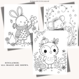 May include: Three black and white coloring pages featuring line art illustrations. One shows a rabbit with a mouse, another a mouse with stars, and the third an owl with a pumpkin. Text reads PIXELPETITESHOP and DISCLAIMER: NOT ALL IMAGES ARE SHOWN.