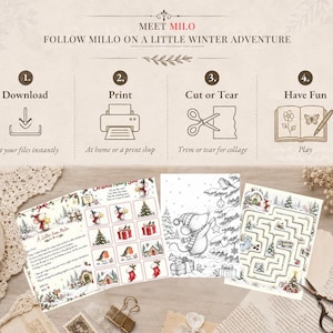 May include: A digital printable set featuring a winter-themed activity sheet with a letter from Milo, a matching game, a coloring page of a mouse decorating a tree, and a maze. The instructions include: 1. Download, 2. Print, 3. Cut or Tear, 4. Have Fun.