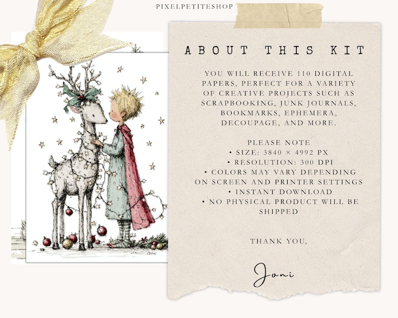 Op de afbeelding: Een grillige illustratie van een kind in een rode cape en een hert versierd met lichtjes en ornamenten. De afbeelding maakt deel uit van een digitale kit, zoals vermeld in de tekst "ABOUT THIS KIT". De kit bevat 110 digitale papieren.