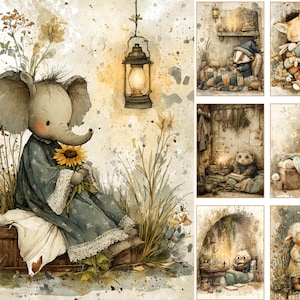 May include: Watercolor illustration featuring a whimsical elephant character in a blue dress, holding a sunflower. The image has a vintage aesthetic with a warm color palette and includes other animal illustrations.