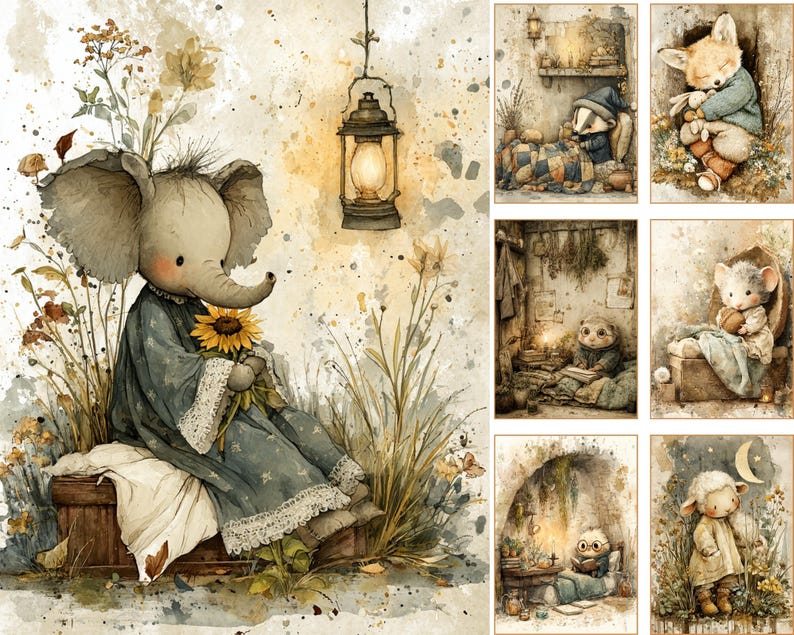 May include: Watercolor illustration featuring a whimsical elephant character in a blue dress, holding a sunflower. The image has a vintage aesthetic with a warm color palette and includes other animal illustrations.