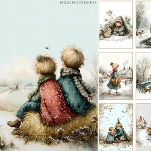 Op de afbeelding: Aquarel kunstafdruk met twee kinderen in winterkleding, zittend op een hooibaal, kijkend naar een besneeuwd landschap. De afdruk heeft een zacht kleurenpalet, met de nadruk op de jassen en sjaals van de kinderen. Andere afbeeldingen tonen winterse taferelen.