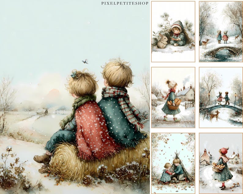 Op de afbeelding: Aquarel kunstafdruk met twee kinderen in winterkleding, zittend op een hooibaal, kijkend naar een besneeuwd landschap. De afdruk heeft een zacht kleurenpalet, met de nadruk op de jassen en sjaals van de kinderen. Andere afbeeldingen tonen winterse taferelen.
