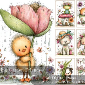 Cyfrowe strony dziennika śmieci Spring Garden Friends | Materiały do scrapbookingu (do pobrania w wersji cyfrowej)