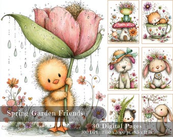 May include: Watercolor illustrations of adorable spring garden friends. A yellow chick shelters under a large pink flower, while other images feature a frog, cat, dog, bunny, and hedgehog. The text reads "Spring Garden Friends" and "30 Digital Pages".