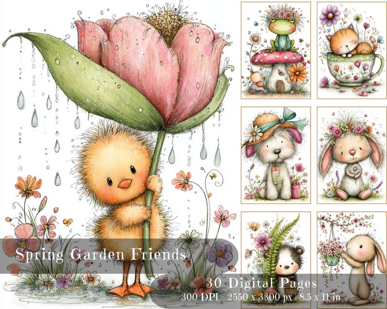 May include: Watercolor illustrations of adorable spring garden friends. A yellow chick shelters under a large pink flower, while other images feature a frog, cat, dog, bunny, and hedgehog. The text reads "Spring Garden Friends" and "30 Digital Pages".