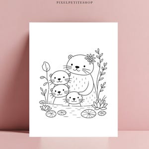 May include: A black and white line art illustration on a white background featuring a family of four otters in a pond with water lilies and reeds. The text PIXELPETITESHOP is printed in small black capital letters at the top of the image.