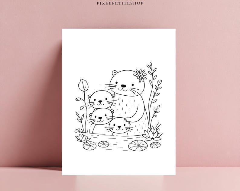 May include: A black and white line art illustration on a white background featuring a family of four otters in a pond with water lilies and reeds. The text PIXELPETITESHOP is printed in small black capital letters at the top of the image.