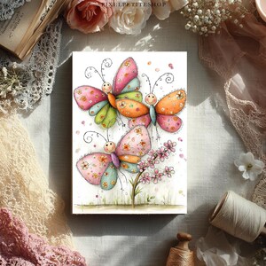 May include: A watercolor illustration of three whimsical butterflies with colorful wings. The butterflies have smiling faces and are surrounded by small pink flowers and green grass. The artwork is on a white background.