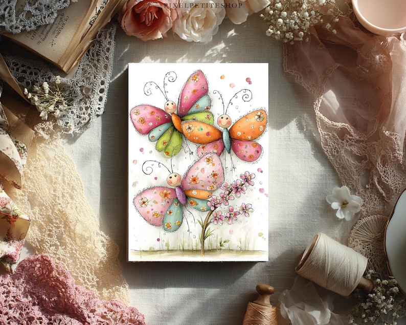 May include: A watercolor illustration of three whimsical butterflies with colorful wings. The butterflies have smiling faces and are surrounded by small pink flowers and green grass. The artwork is on a white background.