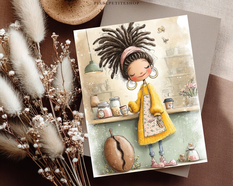 Puede incluir: Una l&aacute;mina rectangular con una ilustraci&oacute;n de dibujos animados de una persona con rastas oscuras, un su&eacute;ter amarillo y un delantal floral, de pie ante un mostrador con tarros de caf&eacute; y un grano de caf&eacute; grande. El texto PIXELPETITESHOP aparece arriba.