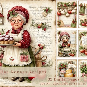 May include: A digital art print featuring a collection of Italian Nonnas Recipes. The image includes a central illustration of a smiling woman holding a tray of pastries, surrounded by recipe pages and other food-related illustrations. The text "Italian Nonnas Recipes" is displayed.