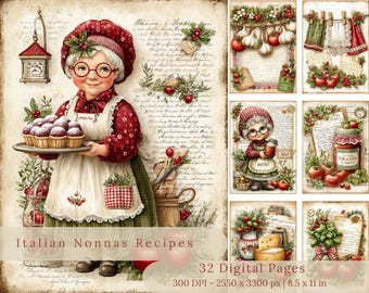 Puede incluir: Una impresión de arte digital con recetas italianas de Nonnas. La imagen incluye una ilustración central de una mujer sonriente sosteniendo una bandeja de pasteles, rodeada de páginas de recetas e ilustraciones culinarias. Se muestra el texto "Italian Nonnas Recipes".