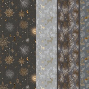 May include: Four different patterned fabrics. One features gold and silver celestial designs on a dark gray background. Another has a gray background with white and gold deer. The third has brown and gold feather designs. The last has gold acorns and leaves on a gray background.