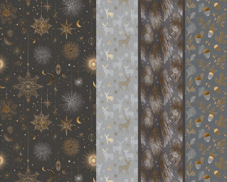May include: Four different patterned fabrics. One features gold and silver celestial designs on a dark gray background. Another has a gray background with white and gold deer. The third has brown and gold feather designs. The last has gold acorns and leaves on a gray background.