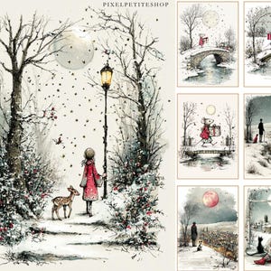 Op de afbeelding: Een verzameling kunstprints met winterthema. E&eacute;n print toont een meisje in een rode jas dat met een hert in een besneeuwd landschap loopt. Andere prints tonen sc&egrave;nes met een muis, een brug en een volle maan. De prints hebben een vintage aquarel stijl.