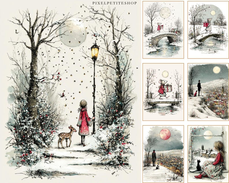 Op de afbeelding: Een verzameling kunstprints met winterthema. E&eacute;n print toont een meisje in een rode jas dat met een hert in een besneeuwd landschap loopt. Andere prints tonen sc&egrave;nes met een muis, een brug en een volle maan. De prints hebben een vintage aquarel stijl.