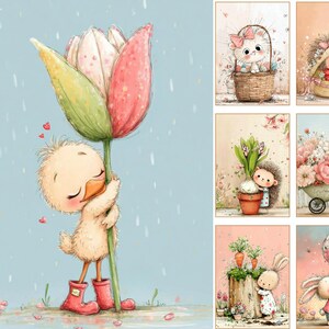 May include: A collection of whimsical watercolor illustrations featuring adorable animal characters. One image shows a duckling in red boots hugging a large tulip. Other images include a kitten in a basket, a hedgehog in a hat, and a bunny with a balloon.