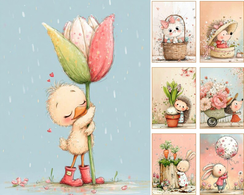 May include: A collection of whimsical watercolor illustrations featuring adorable animal characters. One image shows a duckling in red boots hugging a large tulip. Other images include a kitten in a basket, a hedgehog in a hat, and a bunny with a balloon.