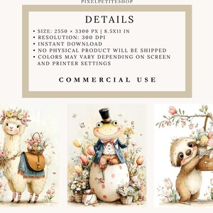May include: Watercolor illustrations featuring an alpaca, a frog, and a sloth, each with Easter-themed elements. The alpaca wears a floral crown and carries a basket. The frog is dressed in a suit and sits on an egg. The sloth holds a basket of eggs.