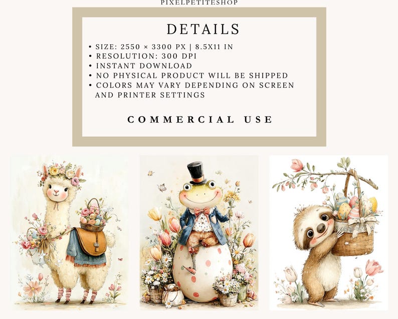 May include: Watercolor illustrations featuring an alpaca, a frog, and a sloth, each with Easter-themed elements. The alpaca wears a floral crown and carries a basket. The frog is dressed in a suit and sits on an egg. The sloth holds a basket of eggs.
