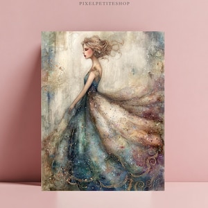 May include: A rectangular wall art print featuring a side profile of a figure with blonde hair wearing a flowing, multi-colored gown in shades of blue, cream, and gold. The artwork has a textured, painterly appearance with soft, ethereal lighting.