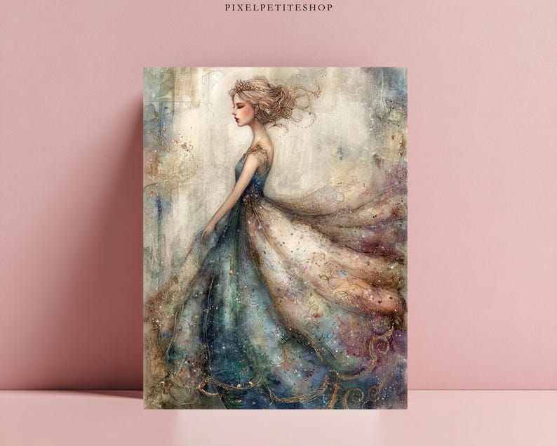 May include: A rectangular wall art print featuring a side profile of a figure with blonde hair wearing a flowing, multi-colored gown in shades of blue, cream, and gold. The artwork has a textured, painterly appearance with soft, ethereal lighting.