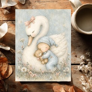 May include: A rectangular print featuring a watercolor illustration of a white swan with a pink bow, a child in blue pajamas and a matching nightcap, and a small brown teddy bear. The scene is set among light blue flowers and stars.