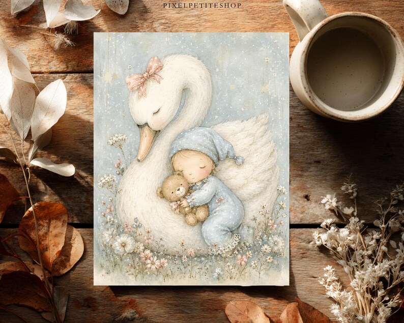May include: A rectangular print featuring a watercolor illustration of a white swan with a pink bow, a child in blue pajamas and a matching nightcap, and a small brown teddy bear. The scene is set among light blue flowers and stars.