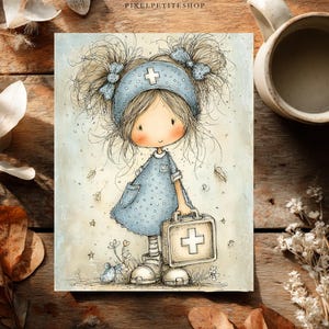 Puede incluir: Ilustraci&oacute;n caprichosa de una ni&ntilde;a vestida de enfermera, sosteniendo un malet&iacute;n m&eacute;dico con una cruz blanca. Lleva un vestido azul con lunares blancos y una diadema a juego con una cruz. La obra de arte tiene una est&eacute;tica suave y vintage con hojas de oto&ntilde;o.