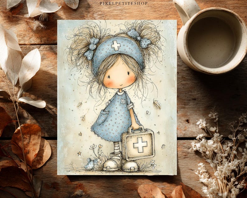 Puede incluir: Ilustraci&oacute;n caprichosa de una ni&ntilde;a vestida de enfermera, sosteniendo un malet&iacute;n m&eacute;dico con una cruz blanca. Lleva un vestido azul con lunares blancos y una diadema a juego con una cruz. La obra de arte tiene una est&eacute;tica suave y vintage con hojas de oto&ntilde;o.