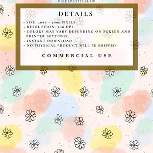 Op de afbeelding: Een digitaal ontwerp met een pastelkleurige aquarel achtergrond, met gele, blauwe en roze vlekken. Fijne zwarte lijntekeningen van bloemen zijn over het oppervlak verspreid. De afbeelding bevat de tekst "DETAILS" en "COMMERCIAL USE".
