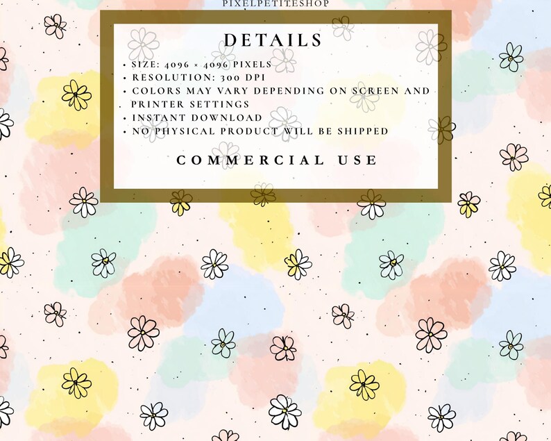 Op de afbeelding: Een digitaal ontwerp met een pastelkleurige aquarel achtergrond, met gele, blauwe en roze vlekken. Fijne zwarte lijntekeningen van bloemen zijn over het oppervlak verspreid. De afbeelding bevat de tekst "DETAILS" en "COMMERCIAL USE".