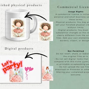 May include: A white ceramic mug featuring a fairy illustration, alongside a digital card with the text Let's party! and pink heart balloons. The image includes text detailing commercial license usage rights and restrictions for these digital files.
