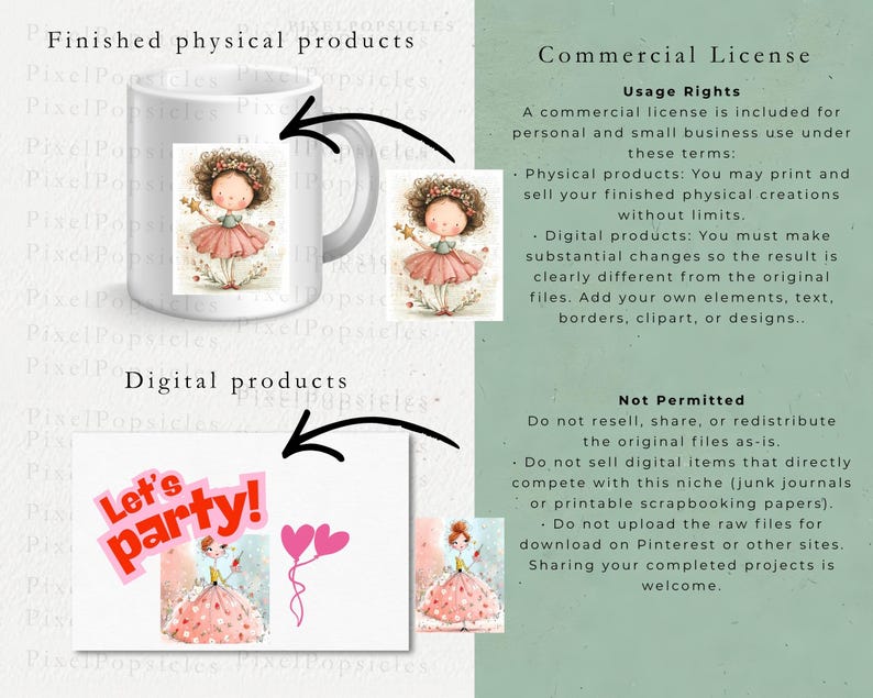 May include: A white ceramic mug featuring a fairy illustration, alongside a digital card with the text Let's party! and pink heart balloons. The image includes text detailing commercial license usage rights and restrictions for these digital files.