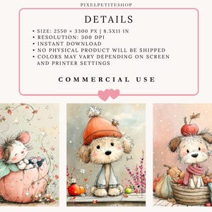 May include: A digital download set featuring three illustrations: a mouse in a pink pumpkin, a dog in an orange beanie, and a dog with an apple on its head in a basket of pumpkins. Text includes PIXELPETITESHOP, DETAILS, SIZE: 2550 x 3300 PX | 8.5X11 IN, RESOLUTION: 300 DPI, INSTANT DOWNLOAD, NO PHYSICAL PRODUCT WILL BE SHIPPED, COLORS MAY VARY DEPENDING ON SCREEN AND PRINTER SETTINGS, COMMERCIAL USE.