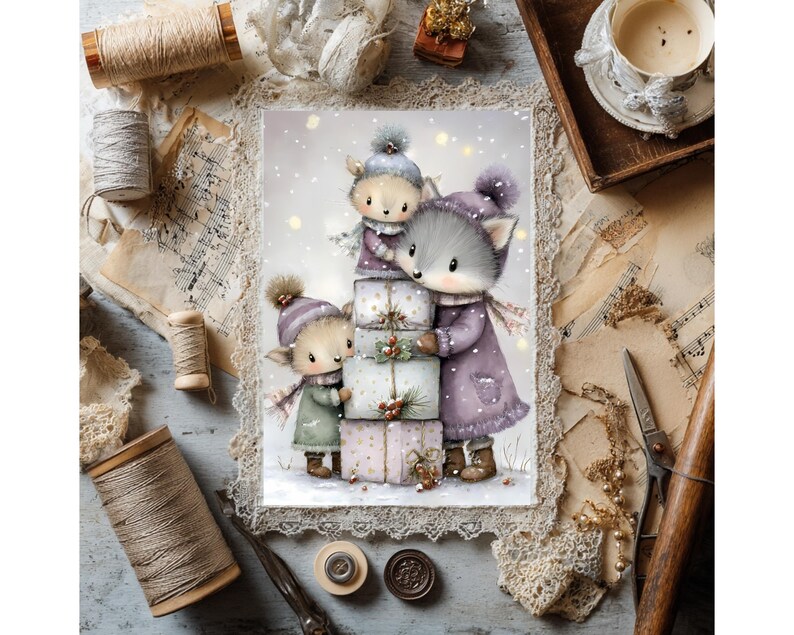 Puede incluir: Una ilustraci&oacute;n caprichosa muestra tres criaturas del bosque con atuendo invernal, apilando regalos envueltos. Los personajes, un zorro y dos ciervos, visten abrigos y sombreros morados, grises y verdes. La obra de arte tiene un estilo suave de acuarela.