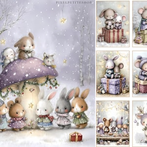 Puede incluir: Ilustraci&oacute;n en acuarela de criaturas del bosque en una escena nevada. Una gran seta con varios animales encima est&aacute; rodeada de otros animales. La imagen tiene un estilo suave y caprichoso con un tema invernal.