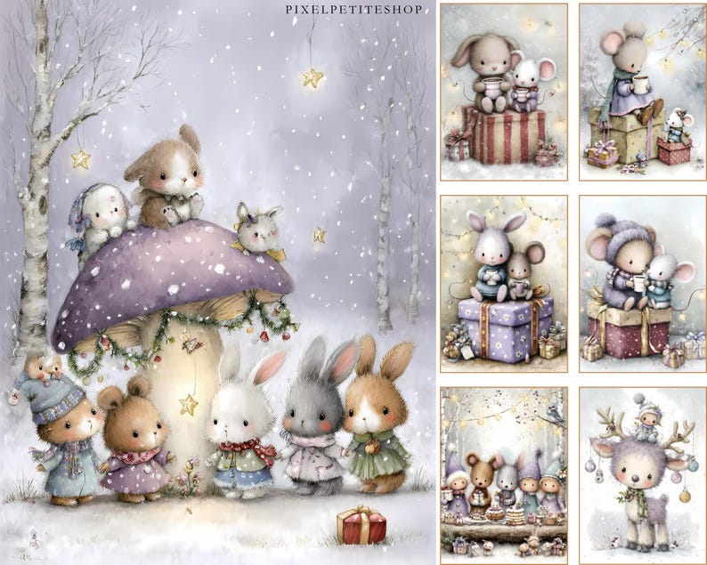 Puede incluir: Ilustraci&oacute;n en acuarela de criaturas del bosque en una escena nevada. Una gran seta con varios animales encima est&aacute; rodeada de otros animales. La imagen tiene un estilo suave y caprichoso con un tema invernal.