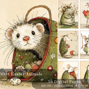 Può includere: Illustrazioni ad acquerello di animali pasquali, tra cui un furetto in un cesto, un ippopotamo con fiori, un fenicottero con una borsa, un riccio con un uovo, un topo con un uovo e un pinguino. Il testo recita "Sweet Easter Animals" e "59 Digital Pages".
