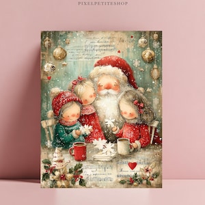 May include: A vertical rectangular print featuring a whimsical illustration of Santa Claus with two children at a table. They are surrounded by gold ornaments, snowflakes, and musical sheet music. The scene includes red mugs, poinsettias, and text.