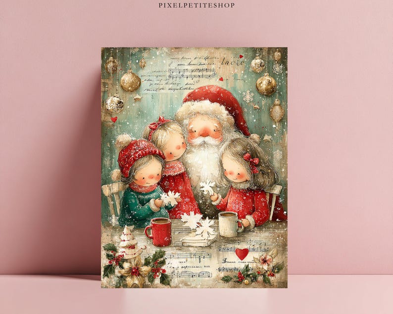 May include: A vertical rectangular print featuring a whimsical illustration of Santa Claus with two children at a table. They are surrounded by gold ornaments, snowflakes, and musical sheet music. The scene includes red mugs, poinsettias, and text.