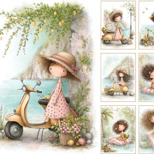 May include: Watercolor illustrations of a cartoon character in a straw hat and pink dress, leaning against a yellow scooter. The scene is set near the sea, with lemons hanging from a tree. Other images show similar scenes.