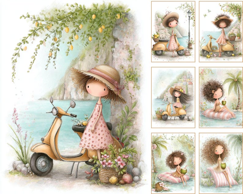 May include: Watercolor illustrations of a cartoon character in a straw hat and pink dress, leaning against a yellow scooter. The scene is set near the sea, with lemons hanging from a tree. Other images show similar scenes.